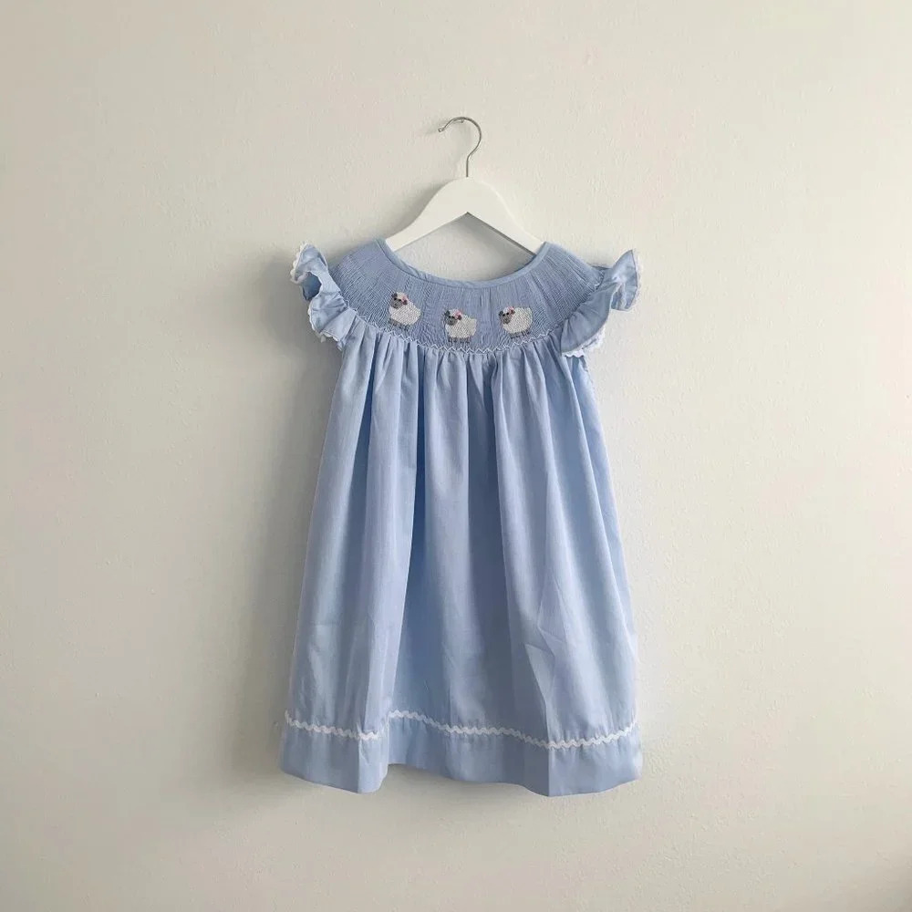 š NWT Pretty Girls Smocked Dress Embroidered Sheep Blue & White Boutique 5-6Y - Picture 8 of 9